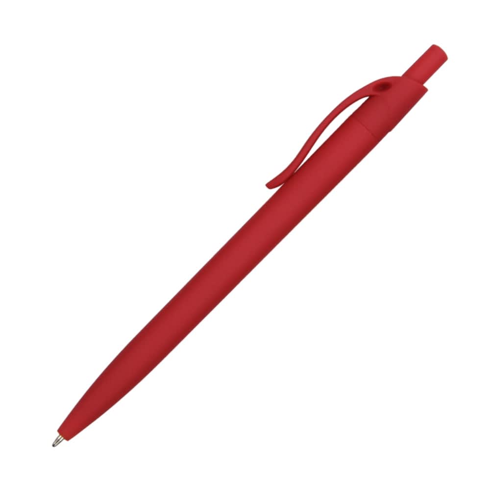 A red plastic pen with a sleek design and a clip for securing to notebooks or pockets. It features a branding logo.