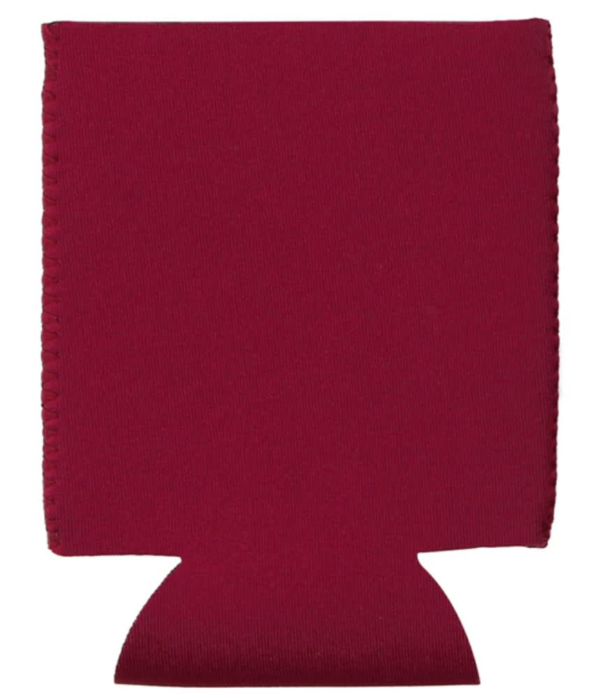 A maroon neoprene stubby holder with a base and sides designed to fit around drink bottles. It has a logo.