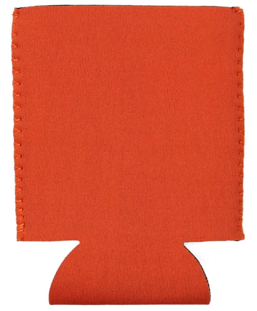 An orange collapsible neoprene stubby holder with a base cutout and stitched edges. It features a logo.