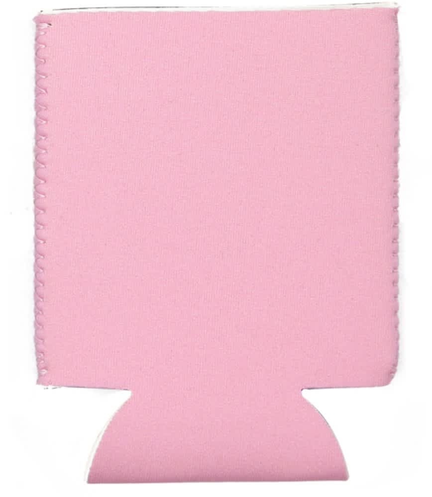 A pink neoprene stubby holder with a fitted base and an embossed logo.
