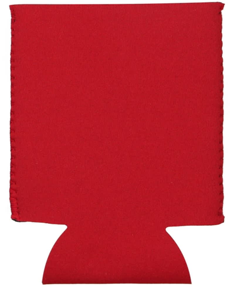 A red neoprene stubby holder with an indentation at the base and a logo on the front.