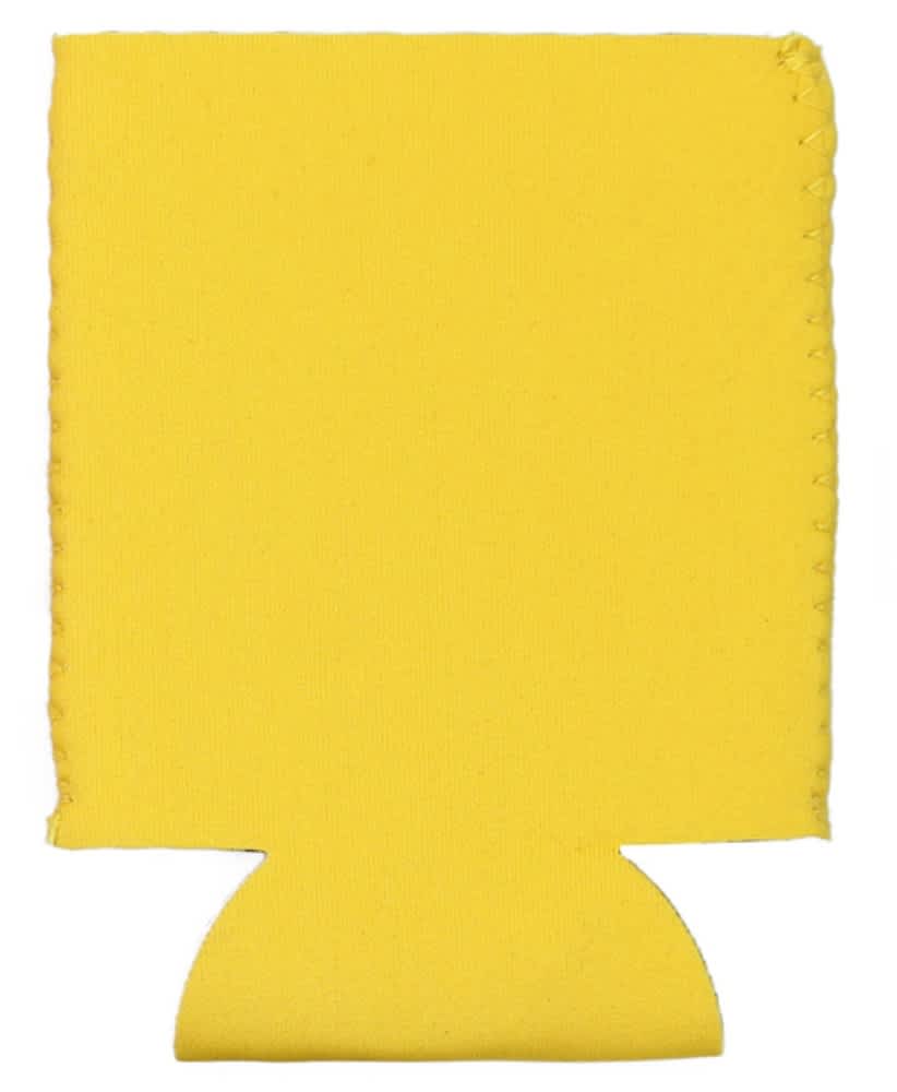 A yellow neoprene stubby holder with a bottom cut-out and stitched edges, featuring a logo.