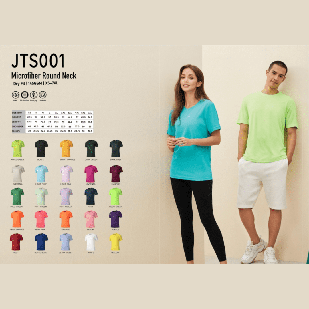 A display of Saharah dryfit tee shirts in various colours, featuring a model in a turquoise shirt and another in a neon green shirt.