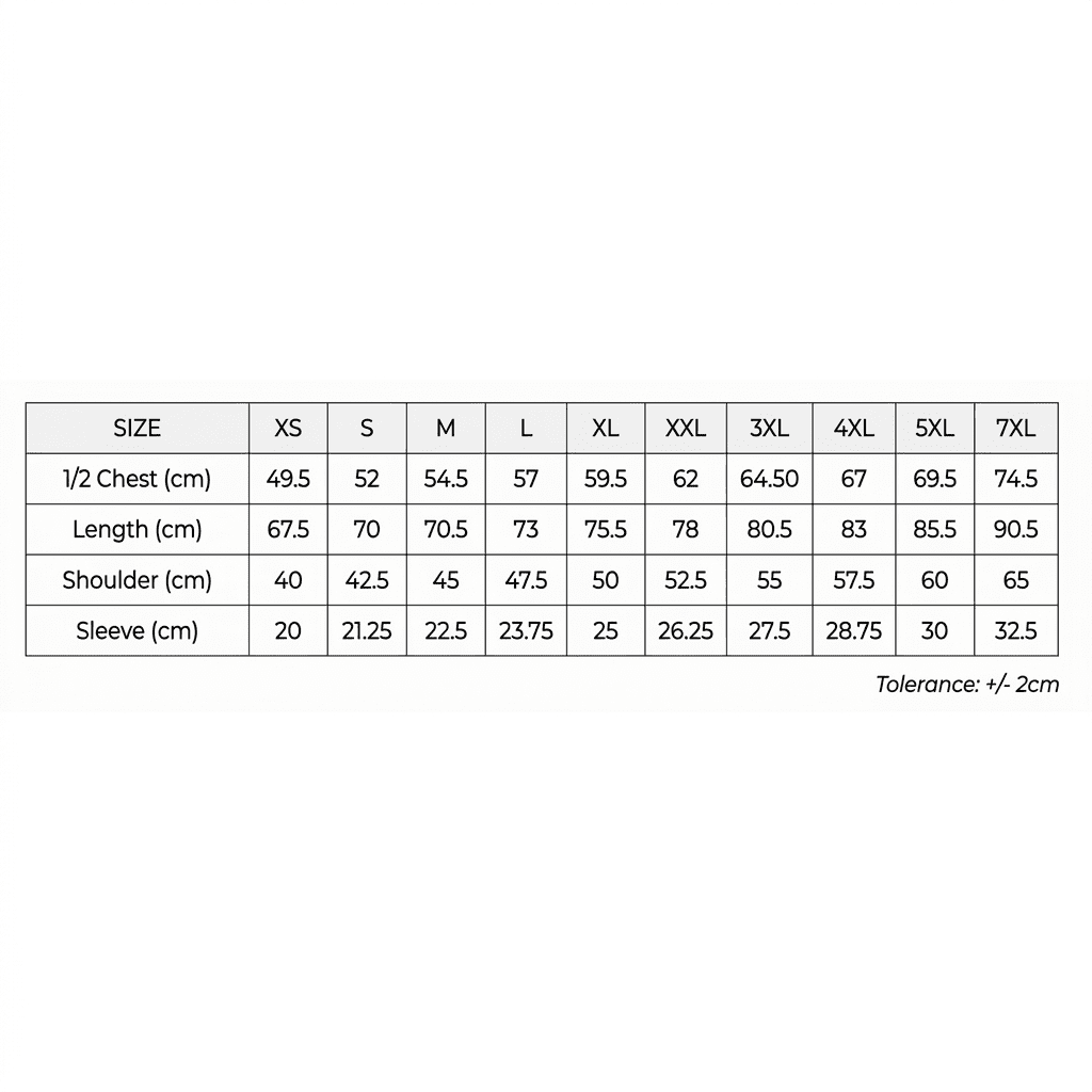 A measurement chart for the "Saharah dryfit tee shirt" displaying sizes, chest width, length, shoulder, and sleeve measurements.