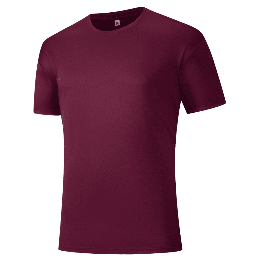 A maroon dryfit tee shirt with a simple design, featuring short sleeves and a round neck. It has a logo on it.