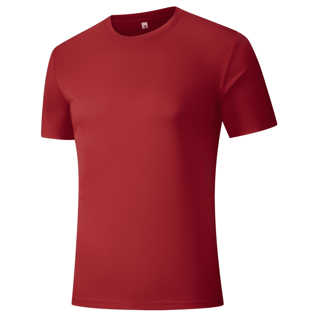 A red Saharah dryfit tee shirt with a simple design and a logo on the chest.