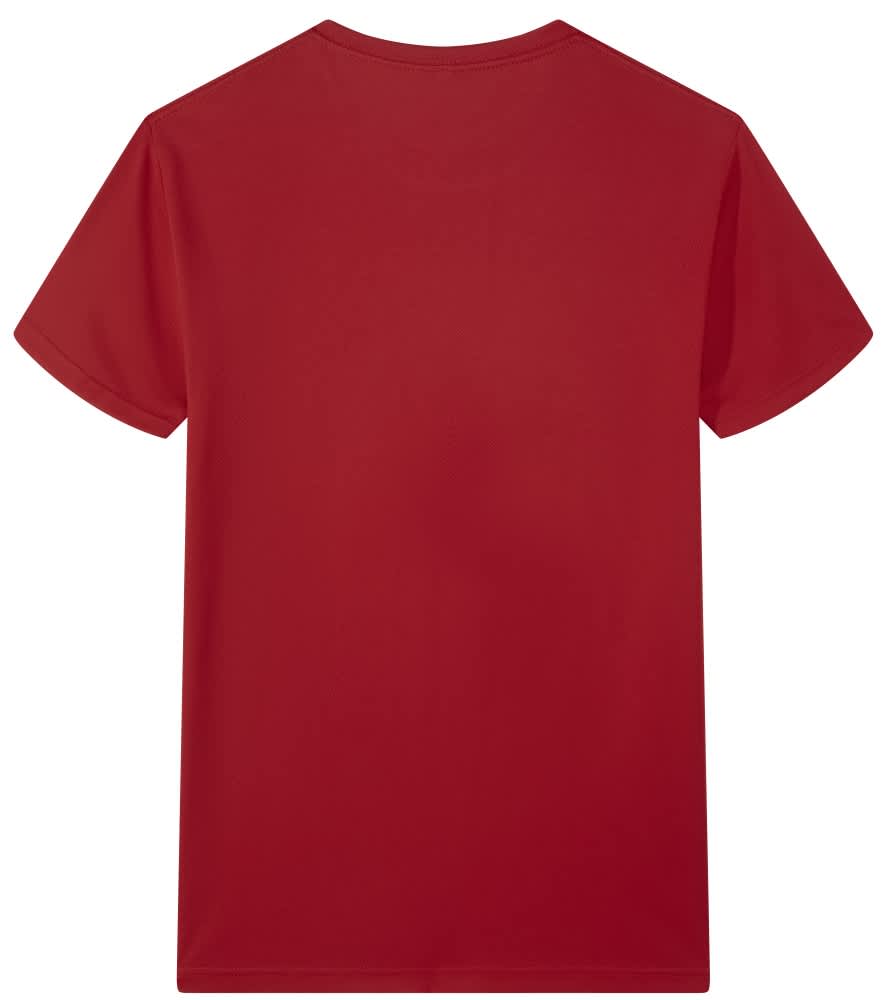 A red Saharah dryfit tee shirt with a simple, unadorned back and a logo on the interior neckline.