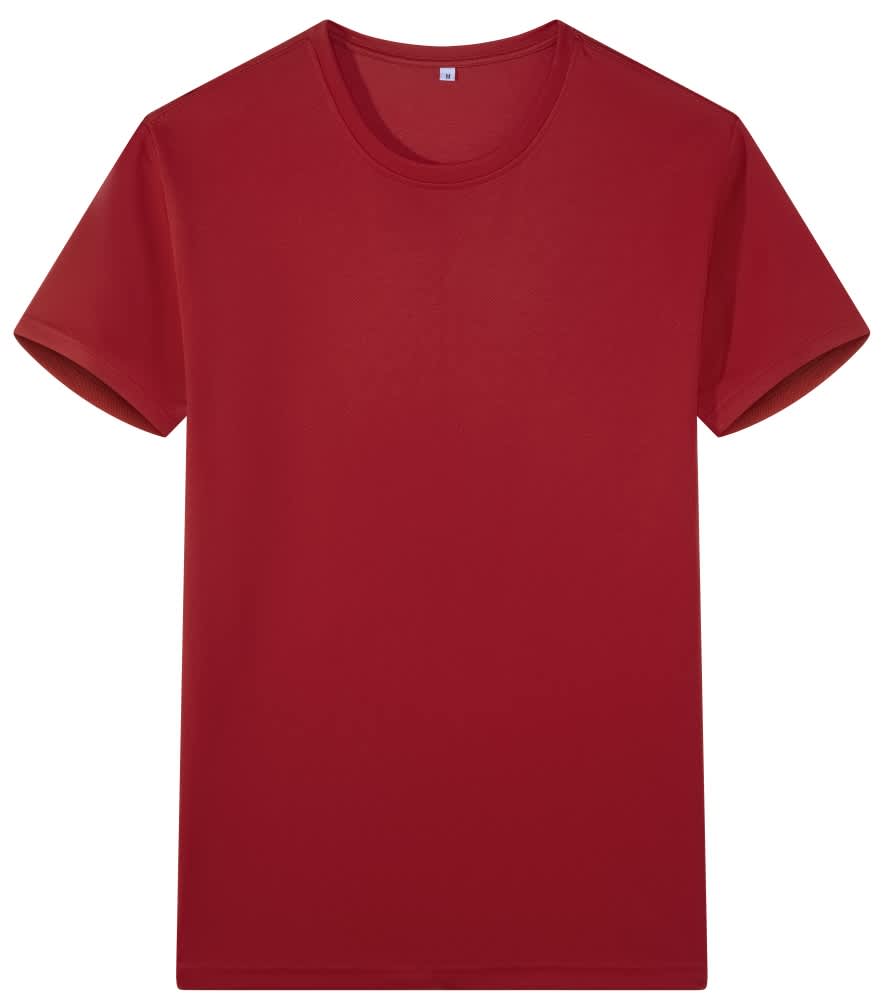 A red Saharah dryfit tee shirt featuring a crew neck and short sleeves, with a logo on the label.