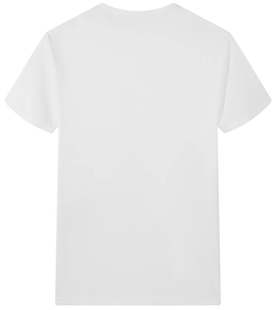 A plain white Saharah dryfit tee shirt featuring a back view, with a branding logo on the back.