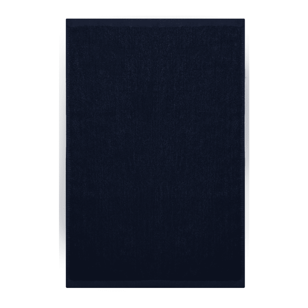 A navy blue gym towel with a textured surface, featuring a logo. Suitable for leisure and outdoor activities.