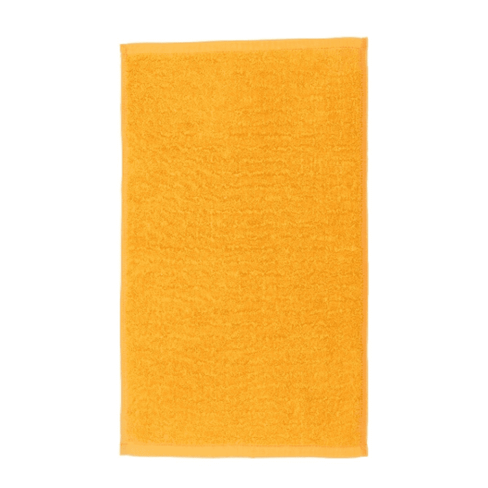 A bright yellow gym towel with a soft texture, featuring a logo or branding.