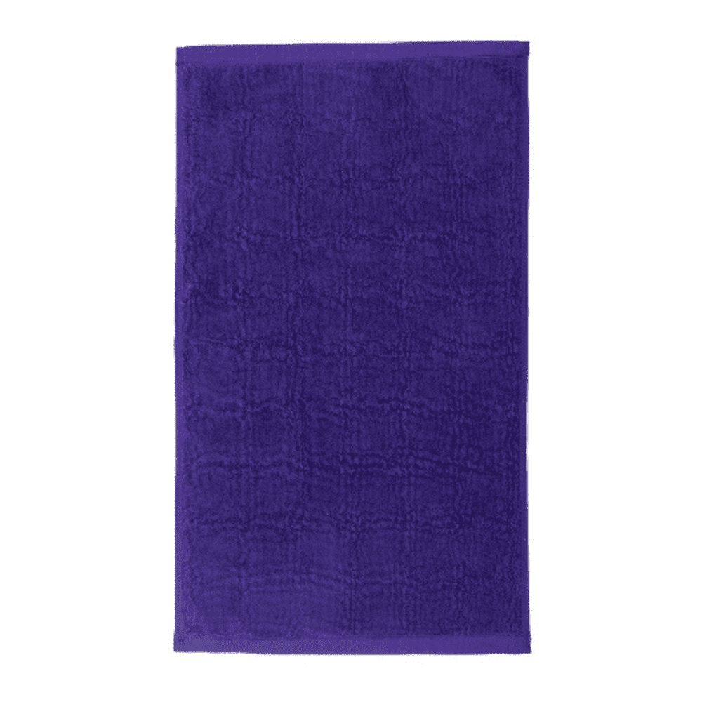 A purple gym towel with a textured design, featuring a logo in one corner.