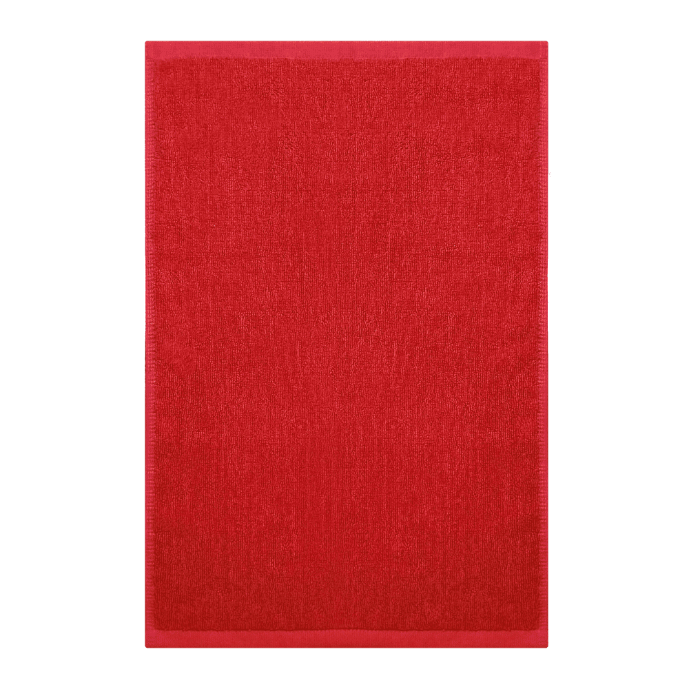 A red gym towel featuring a textured surface, with a simple design and a logo.