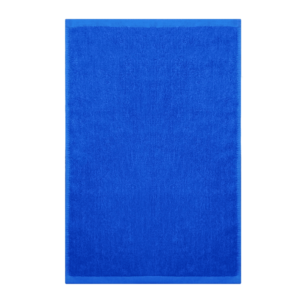 A blue gym towel with a textured surface and a solid colour design. It features an edging detail.