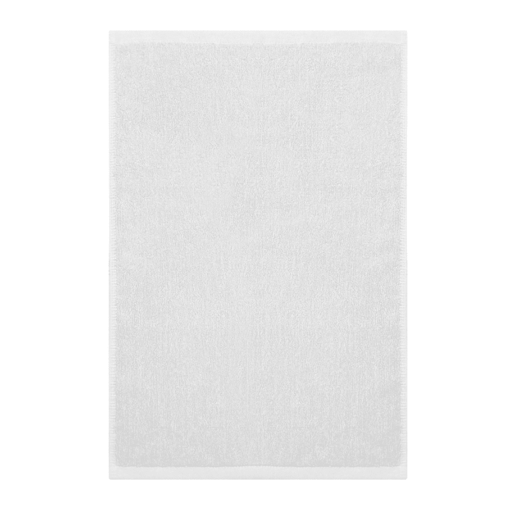 A white gym towel featuring a soft texture, ideal for leisure and outdoor activities. It has a logo in one corner.