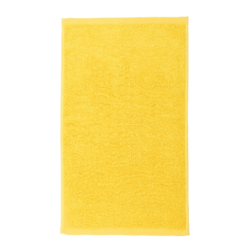 A bright yellow gym towel featuring a textured surface and a simple design, with a logo.