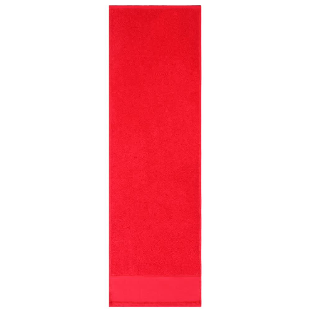 A bright red cotton gym towel with a smooth texture and a logo. Ideal for leisure and outdoor activities.