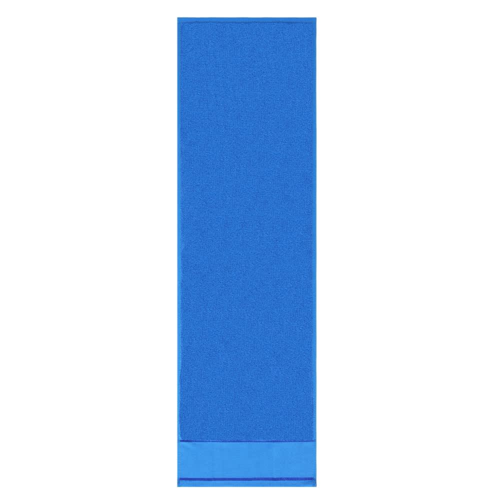 A blue cotton gym towel with a solid colour design and a branded logo at the bottom.