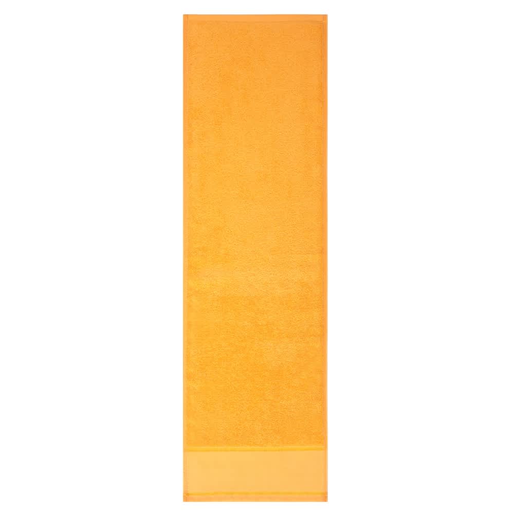 An orange cotton gym towel with a soft texture and a simple design. It has a branded logo.