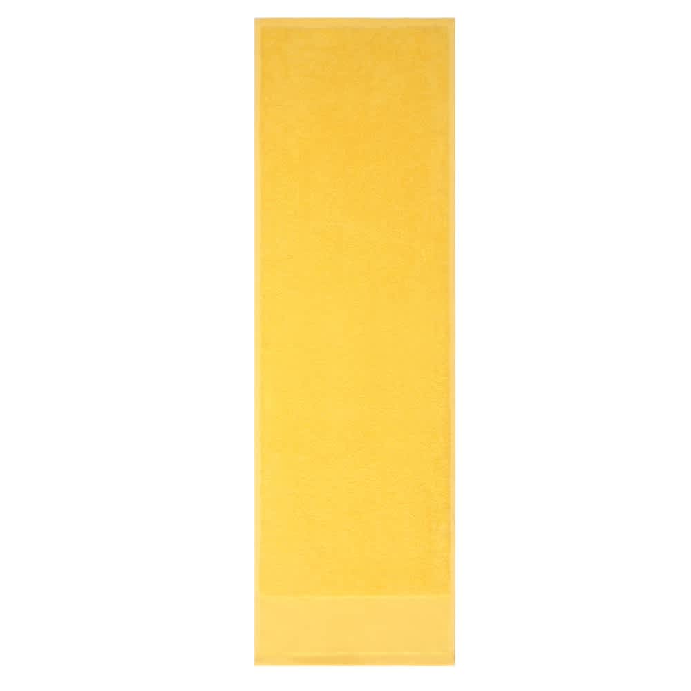 A yellow gym towel featuring a logo at one end, suitable for leisure and outdoor activities.