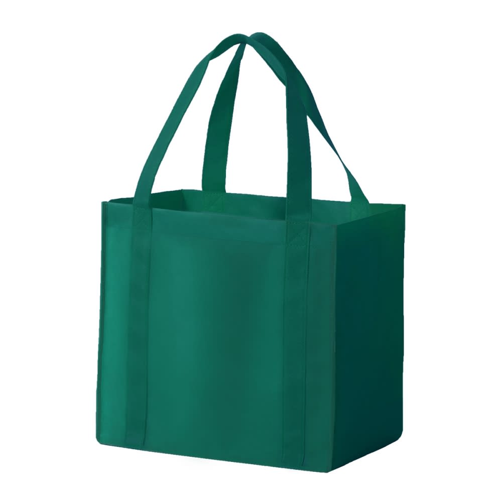 A green non-woven tote bag with sturdy handles and a simple, unbranded design.