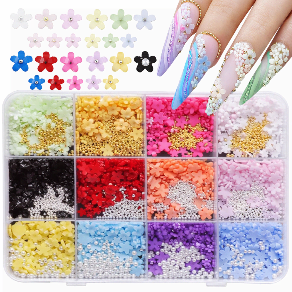 12 Grid Nail Art Flower Charms Kit