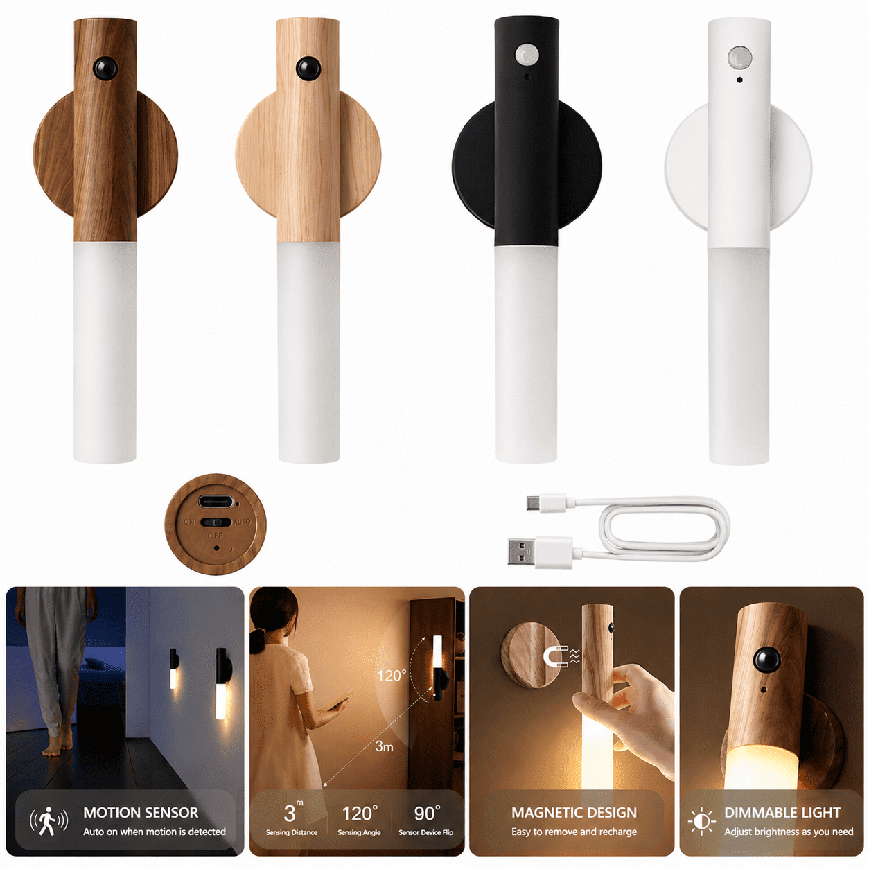 Rechargeable Motion Sensor LED Wooden Wall Light