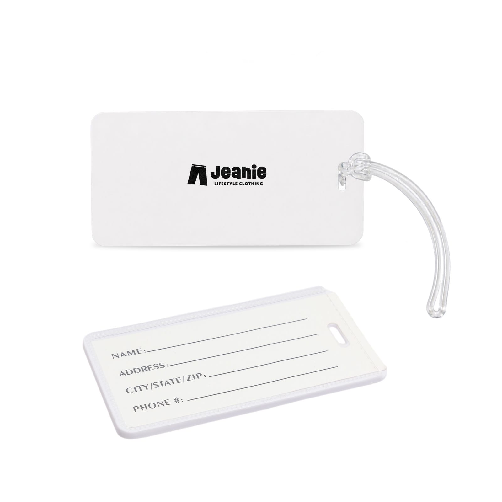 A white luggage tag featuring a clear loop attachment, with spaces for personal information and a logo on one side.