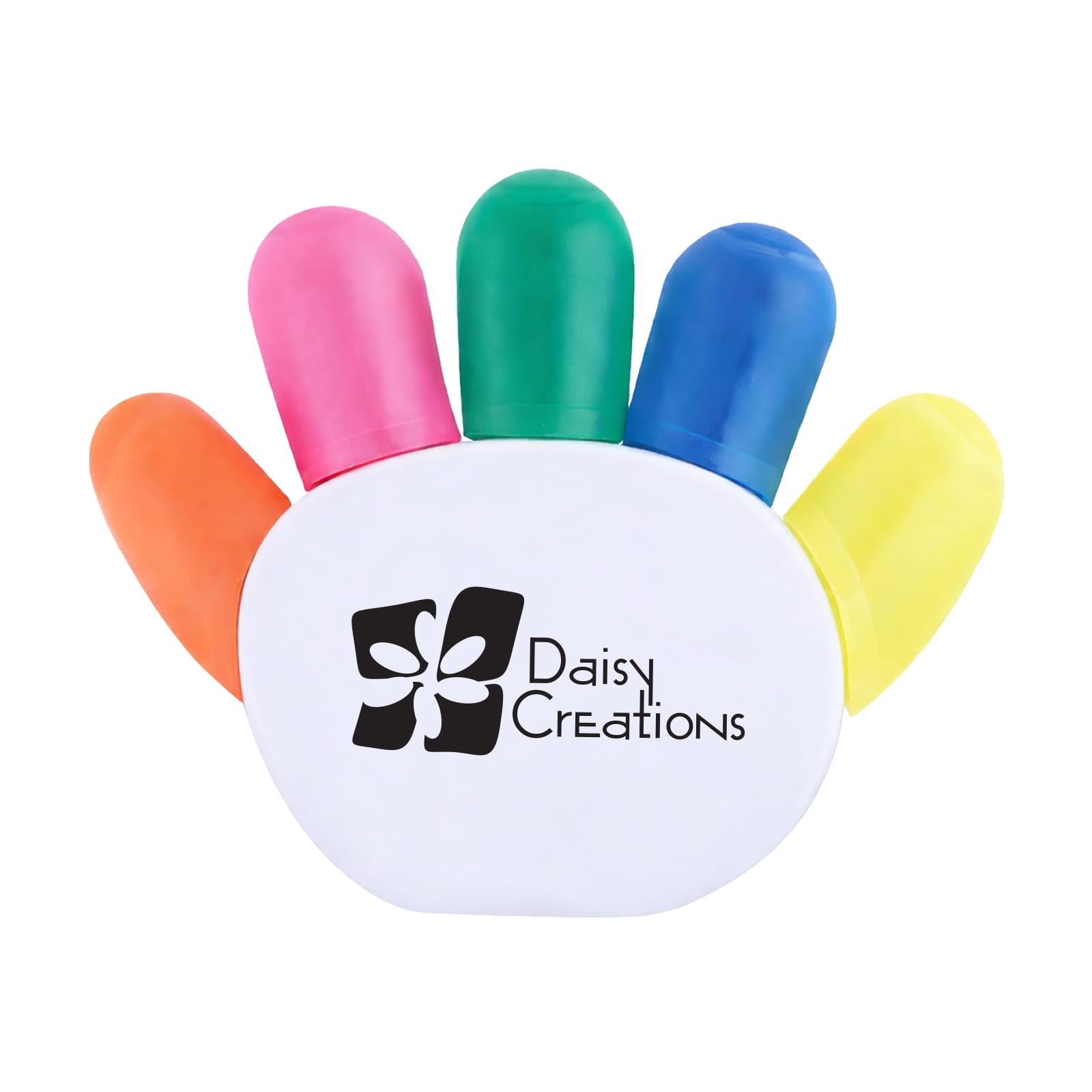 A highlighter set shaped like a hand, featuring pink, orange, green, blue, and yellow colours, with a logo on the front.