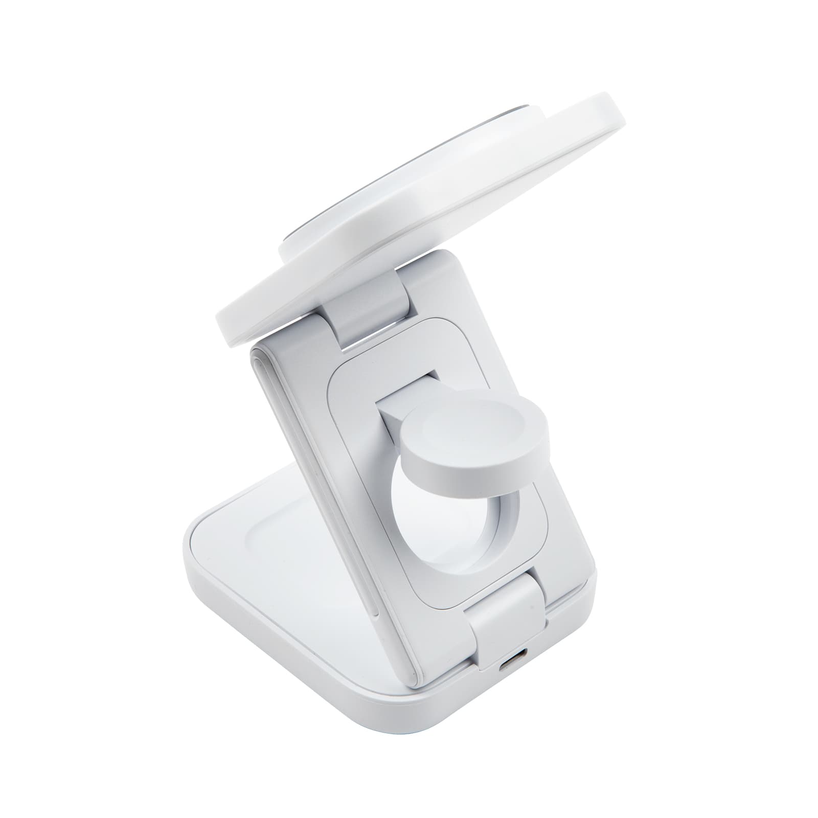 A white 3-in-1 wireless charger with an adjustable stand and a round charging pad. It includes a logo on its surface.