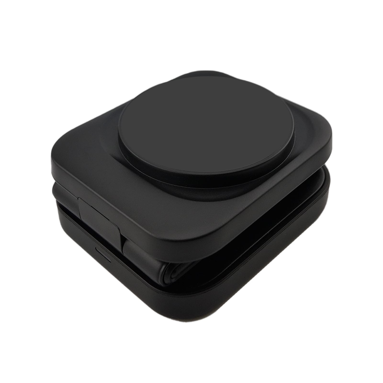 A black 3-in-1 wireless charger with a sleek, compact design, featuring a circular charging pad on top.