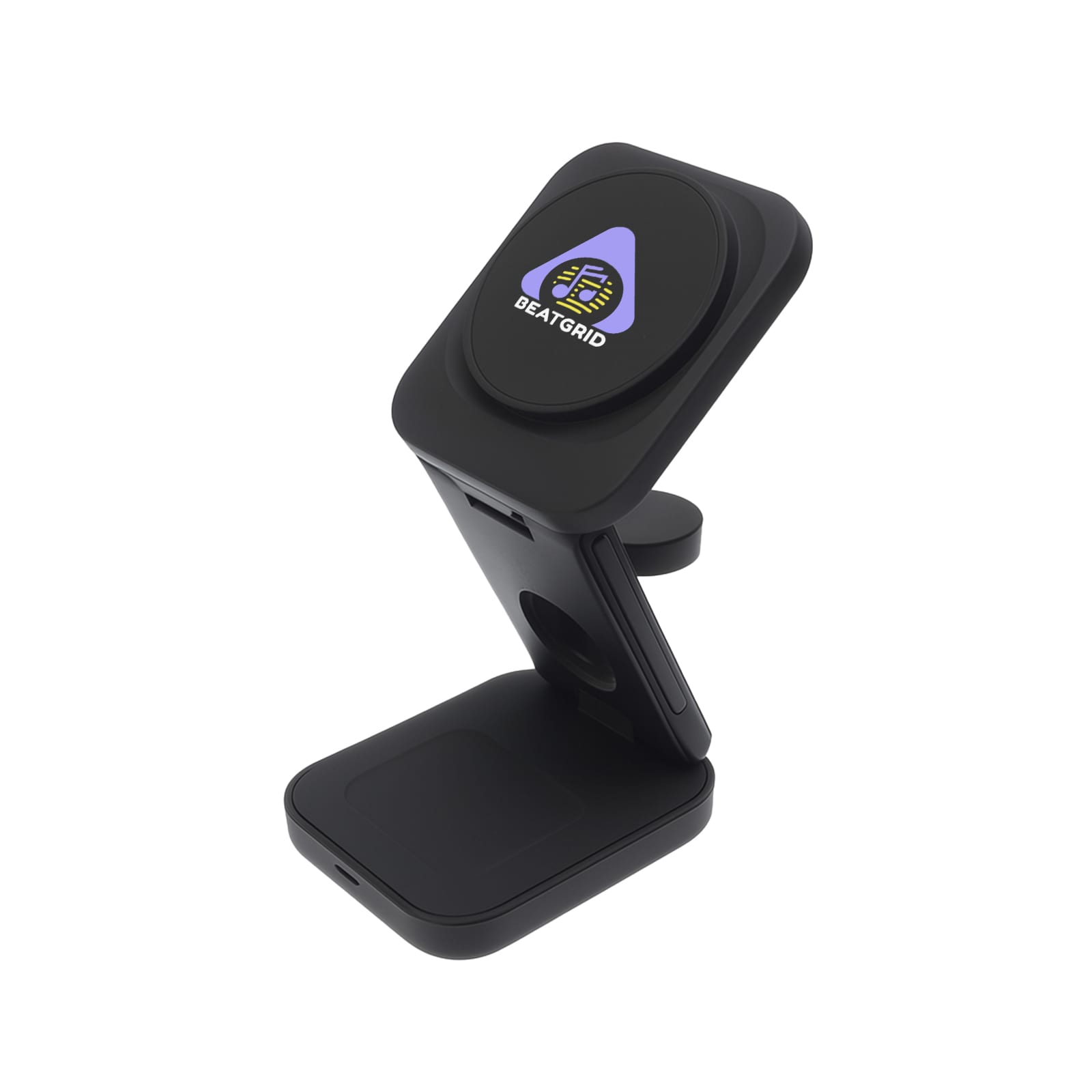 A black 3-in-1 wireless charger with a sleek design and a logo. It features a stand and a flat charging pad.