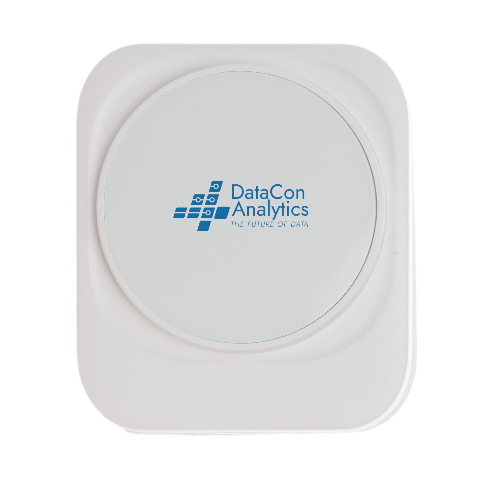 A white wireless charger featuring a round charging pad and a brand logo in the center.