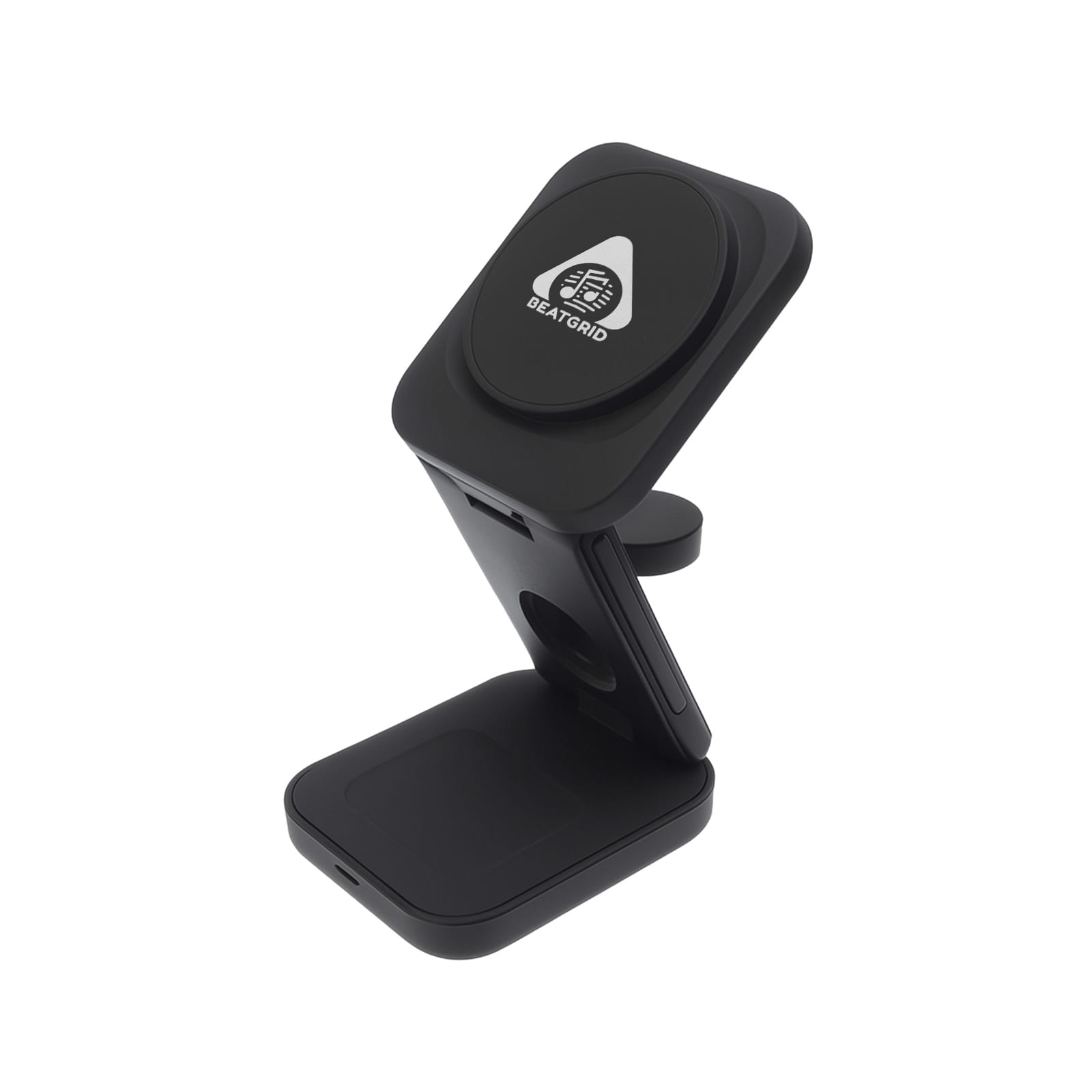 A black 3-in-1 wireless charger with a stand and a logo, suitable for charging multiple devices.