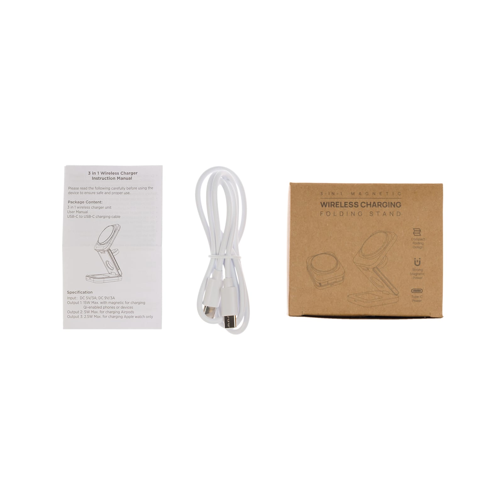 A wireless charger set including a charging cable, instruction manual, and a cardboard box with a folding stand design.