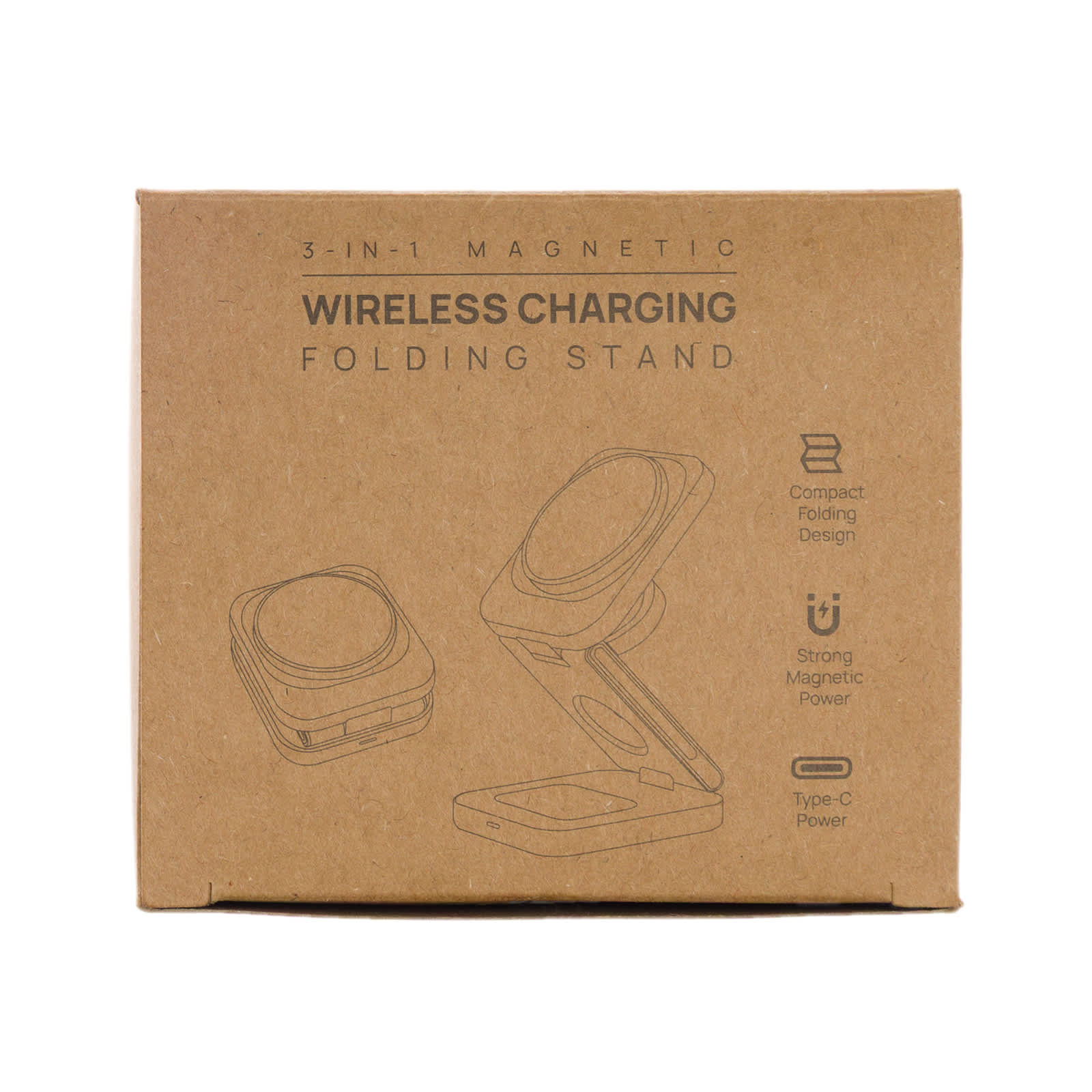 A compact brown box containing a 3-in-1 wireless charger with a folding stand design and magnetic features.