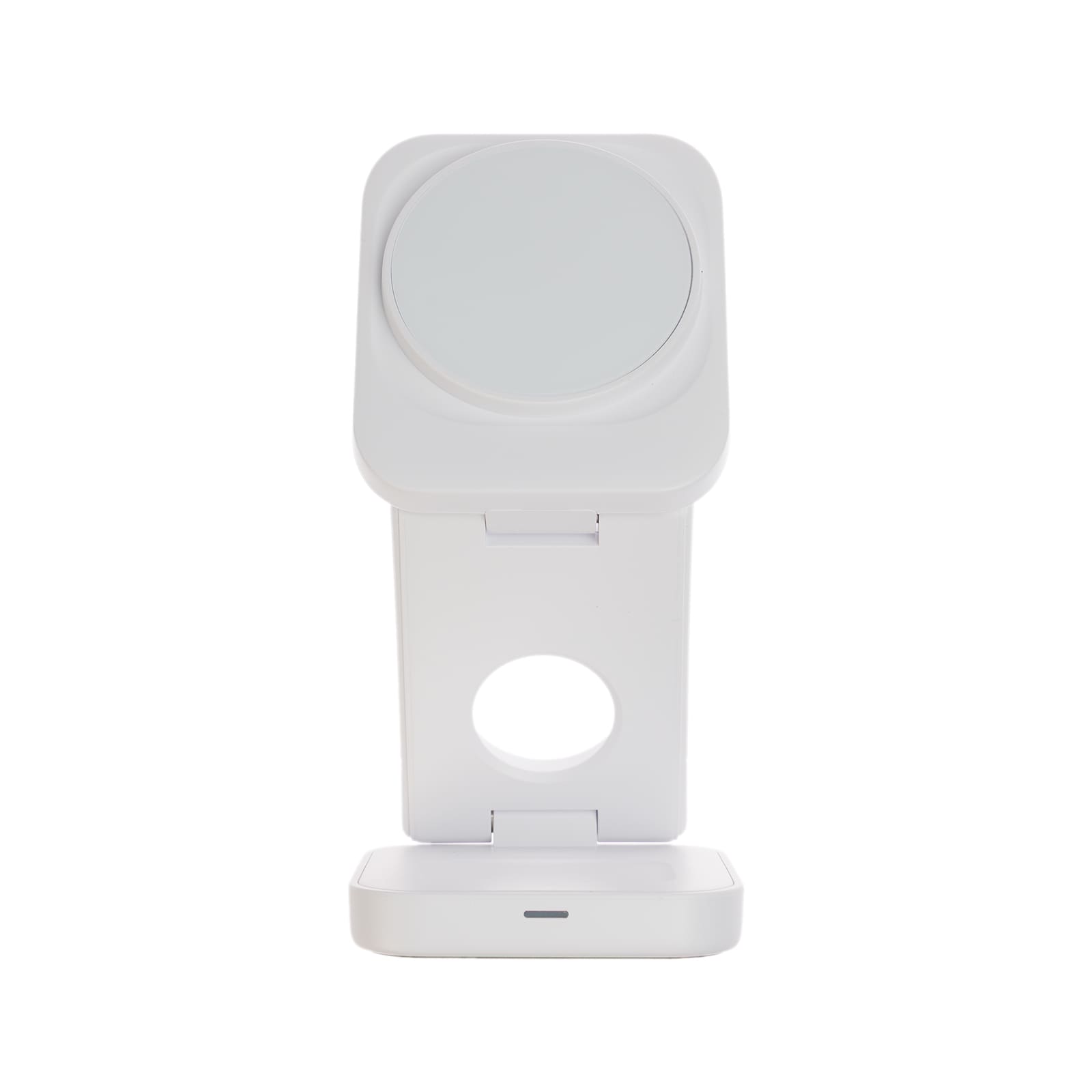 A white 3-in-1 wireless charger featuring a stand and a round charging pad, with a sleek modern design.