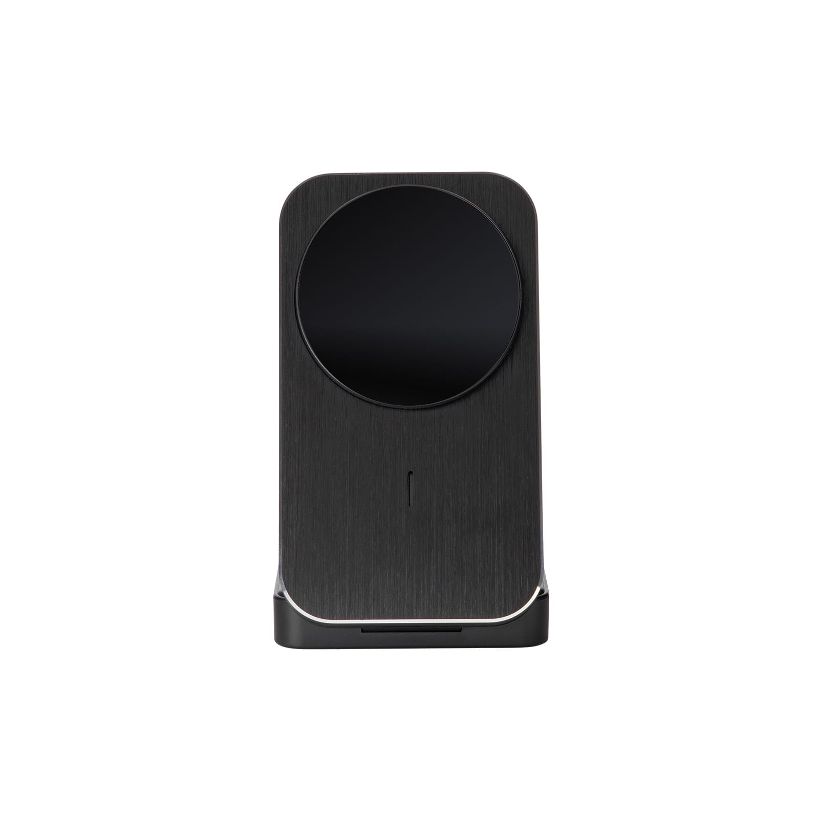 A wireless charger featuring a sleek black design with a smooth circular charging pad and a minimalist shape.