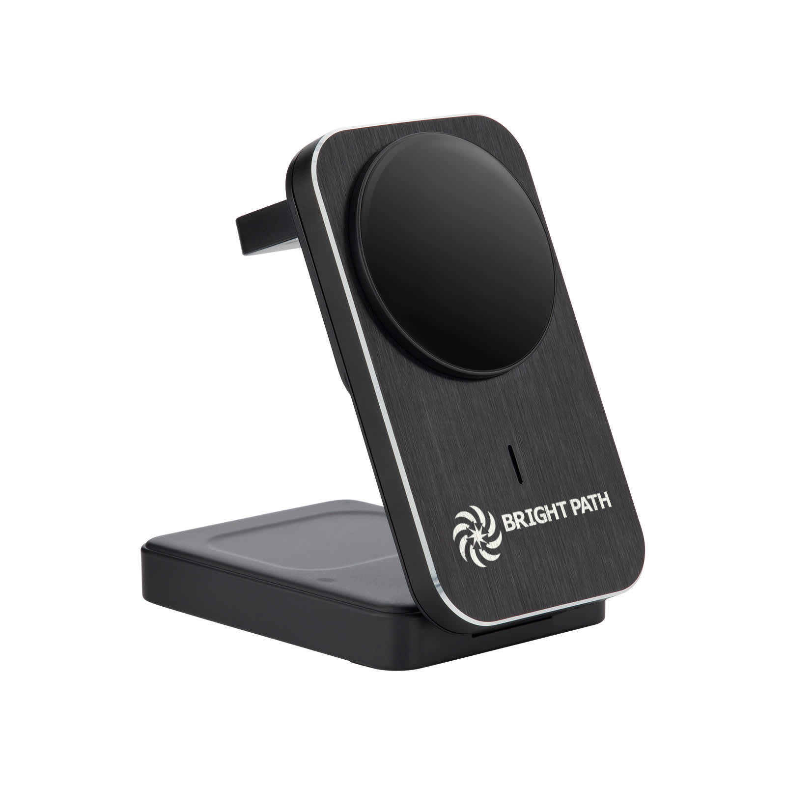 A black and silver wireless charger with a circular charging pad and a branded logo on the front.
