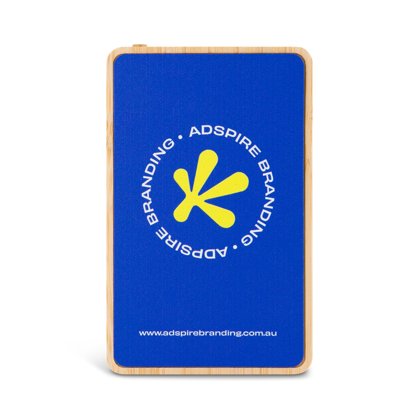 A bamboo power bank with a blue finish and a circular logo, featuring a yellow design inside.