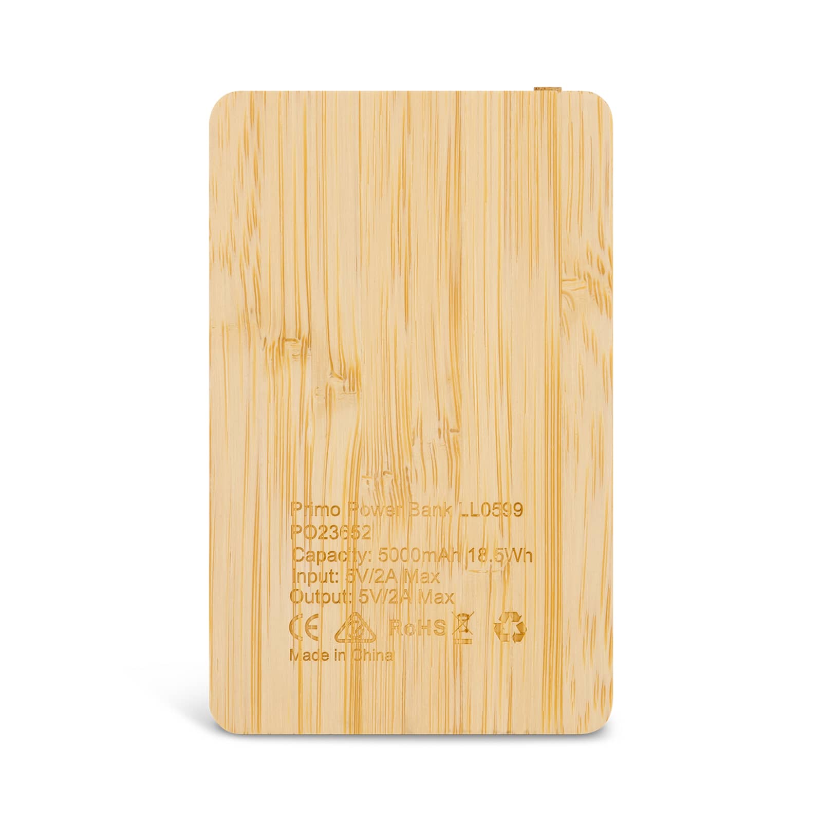 A bamboo-textured power bank with a logo, featuring a slim rectangular design in natural colour.