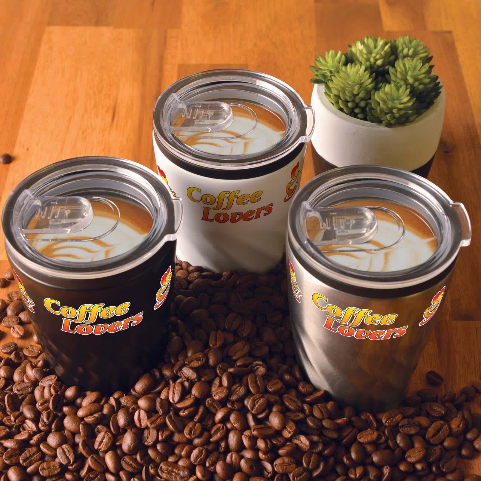 Aztec Coffee Cup – 300ml Double-Wall Stainless Steel Mug with Black Liner, Splash-Proof Sliding Closure, Foam Base Protector, BPA-Free, Gift-Ready Kraft Box