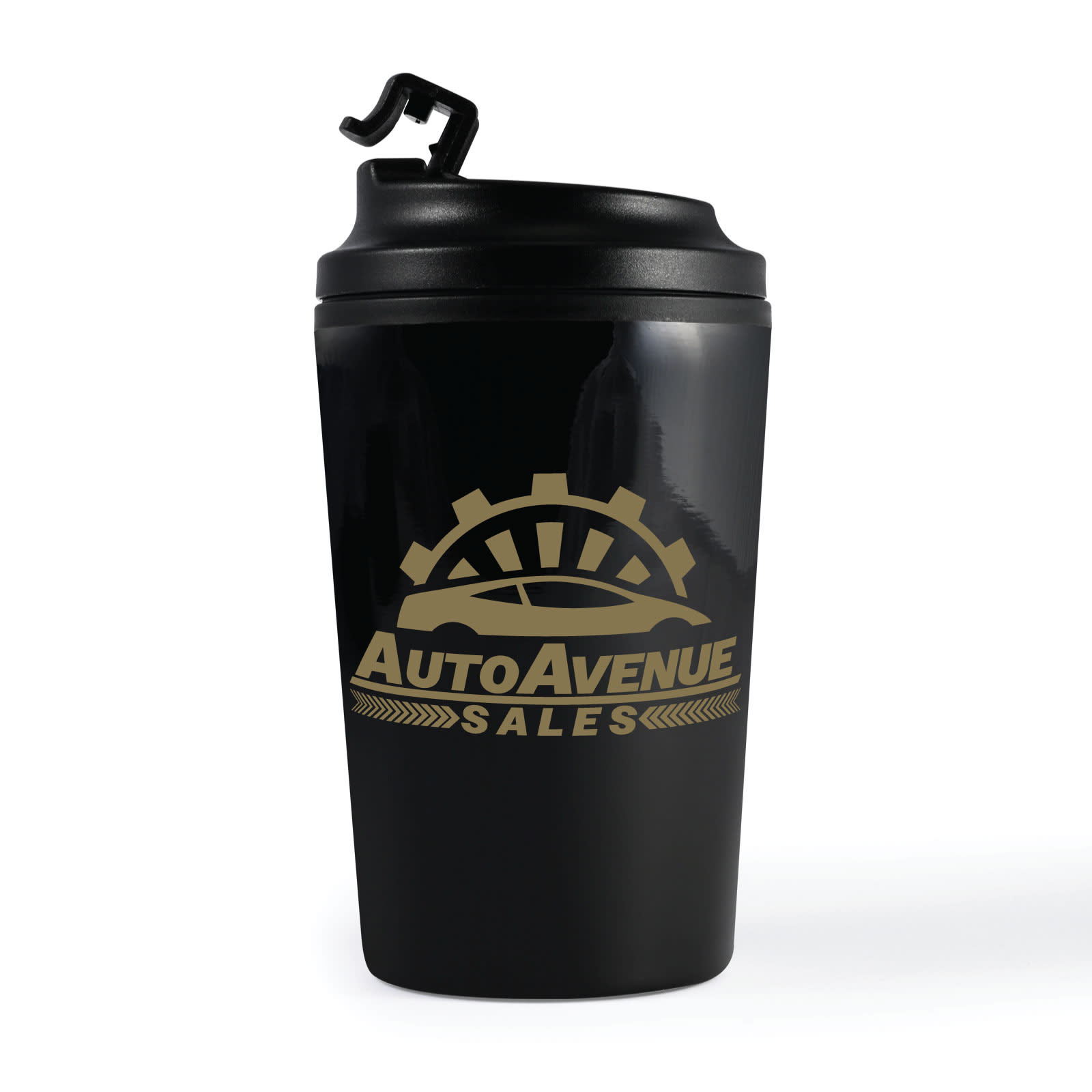 Taurus Coffee Cup – 400ml Stainless Steel Mug with Screw-On Lid and Flip-Up Drinking Piece, Black Recycled PP Liner, BPA-Free, Ideal for Promotions, Gift-Ready Kraft Box
