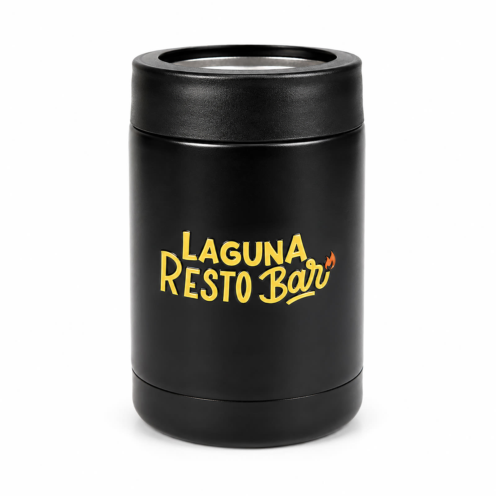 A drink bottle cooler in black with a logo displayed on the surface. It features a cylindrical design.