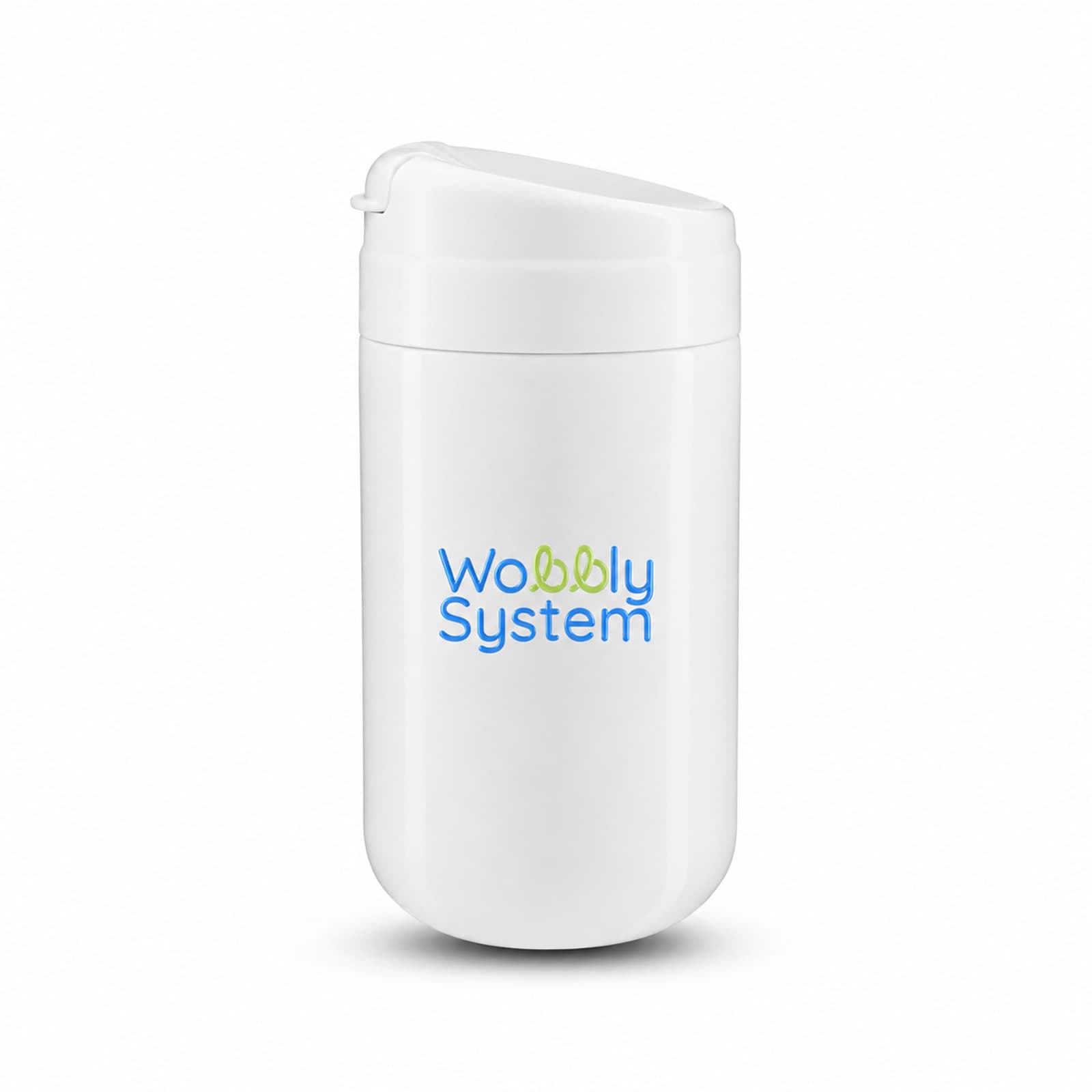 A white reusable coffee cup with a sealed lid and a logo on the front.