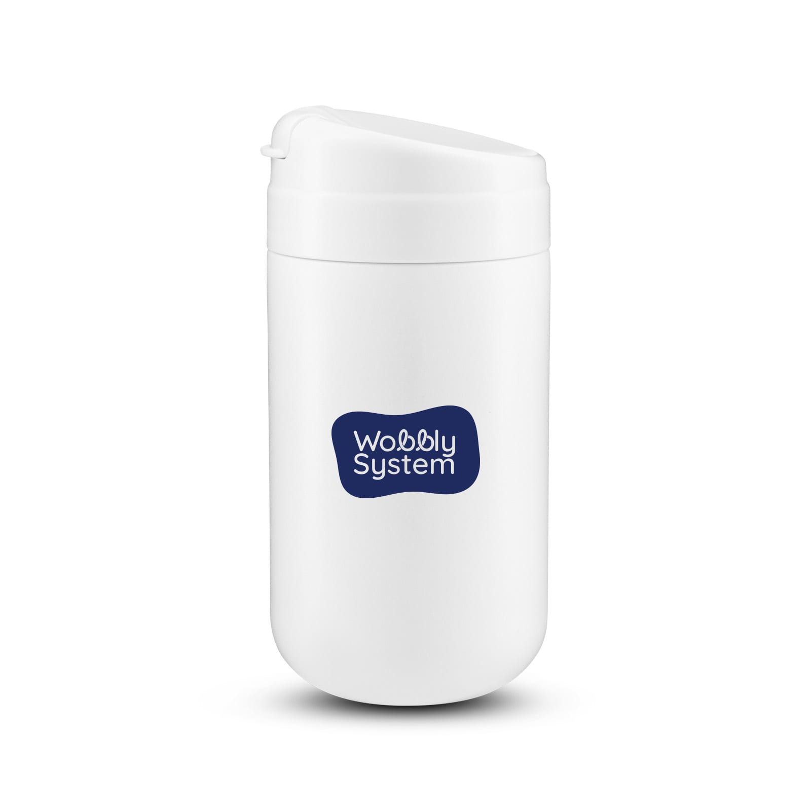 A white coffee cup with a lid and a logo on the front.