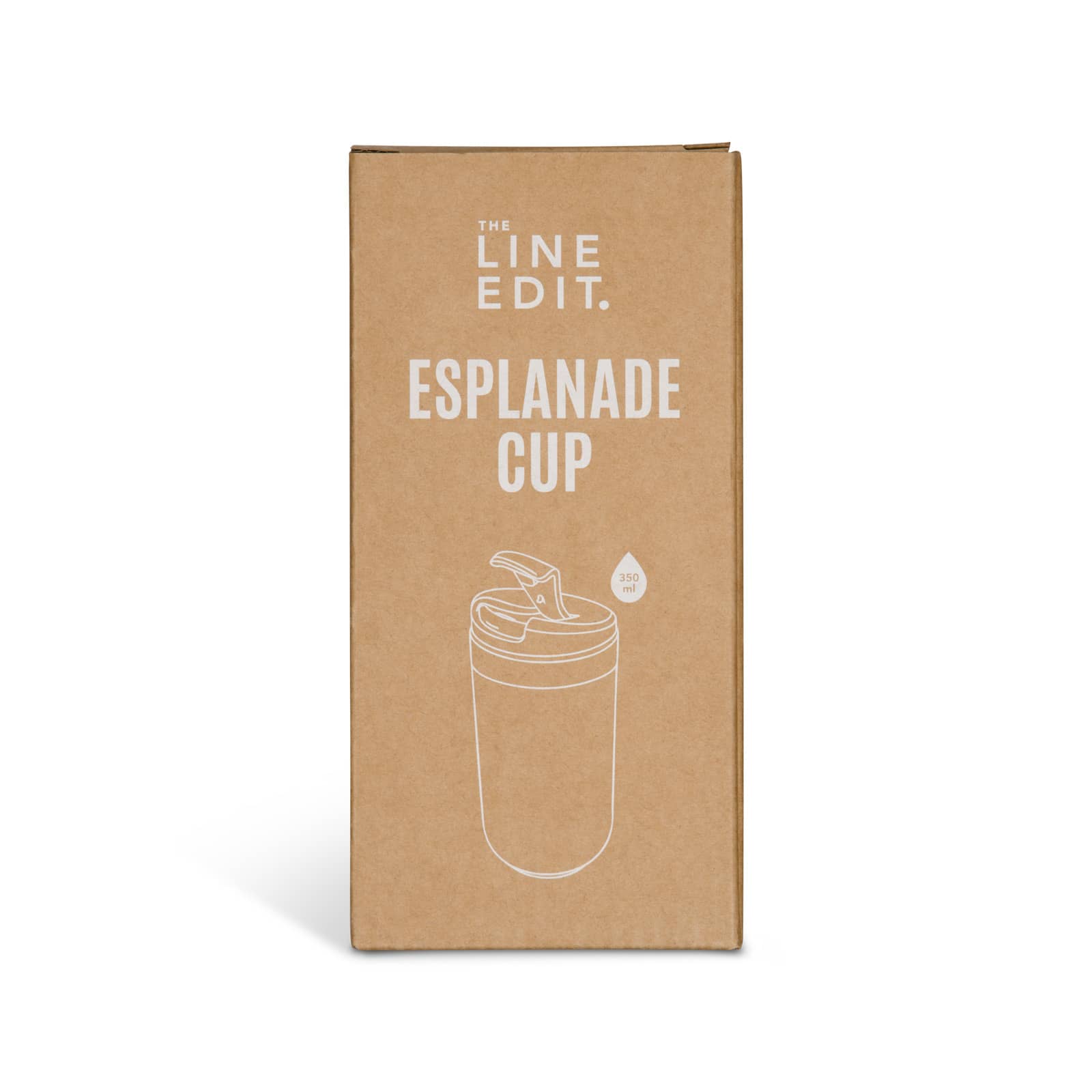 A coffee cup packaging in cream with a lid, featuring a simple logo and a water droplet design.
