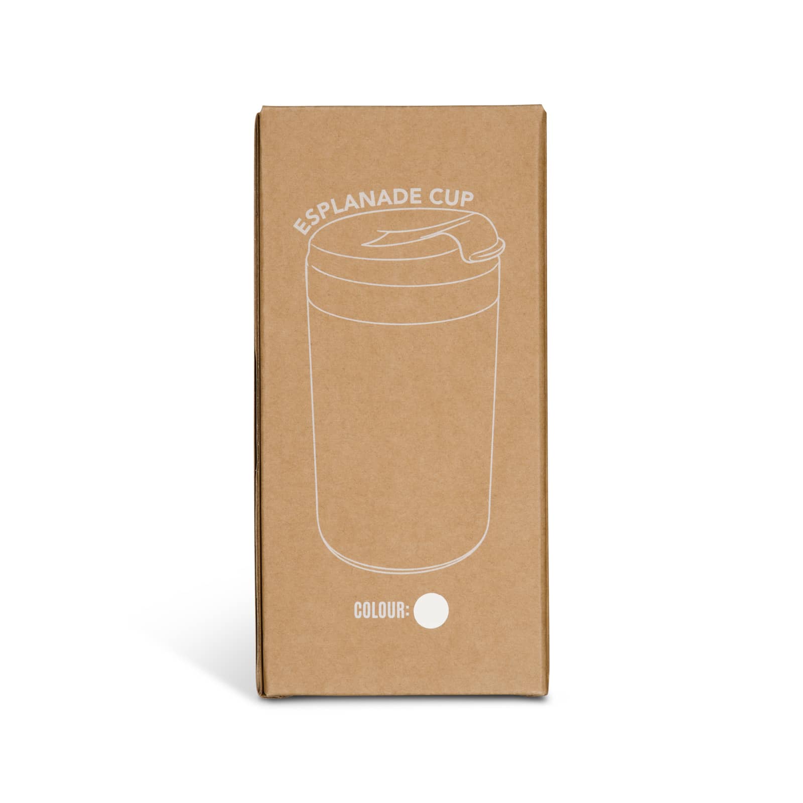 A coffee cup in a brown cardboard box, featuring a minimalist design and a lid, in a white colour.