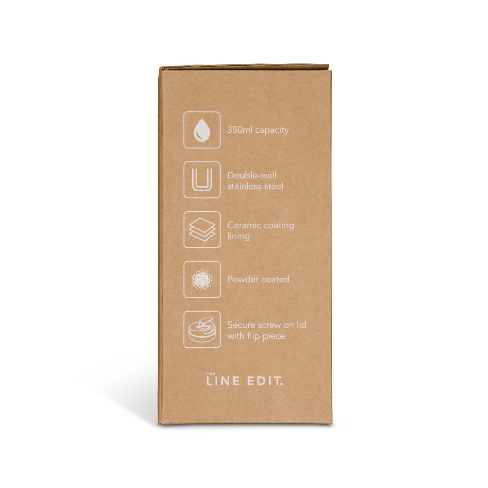 A packaging box for a 350ml coffee cup made of double-wall stainless steel with a ceramic coating and powder-coated finish.