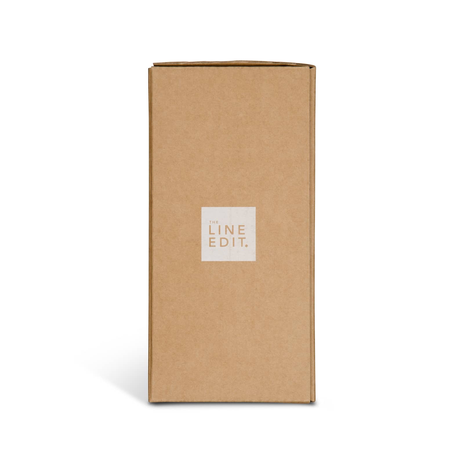 A rectangular cardboard box with a logo on the front, featuring a neutral brown colour and a simple design.